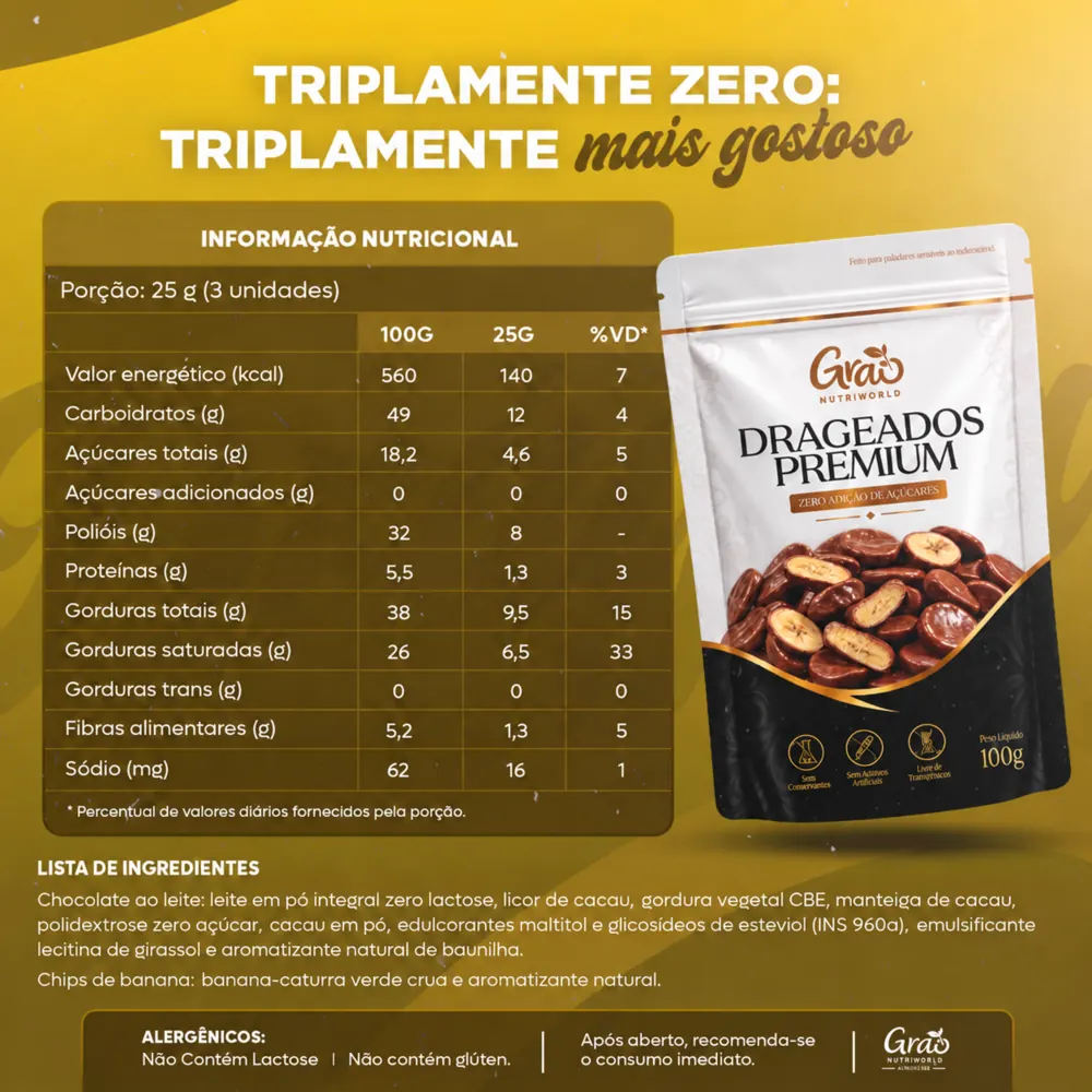 Informação nutricional e lista de ingredientes do Banana Drageada
