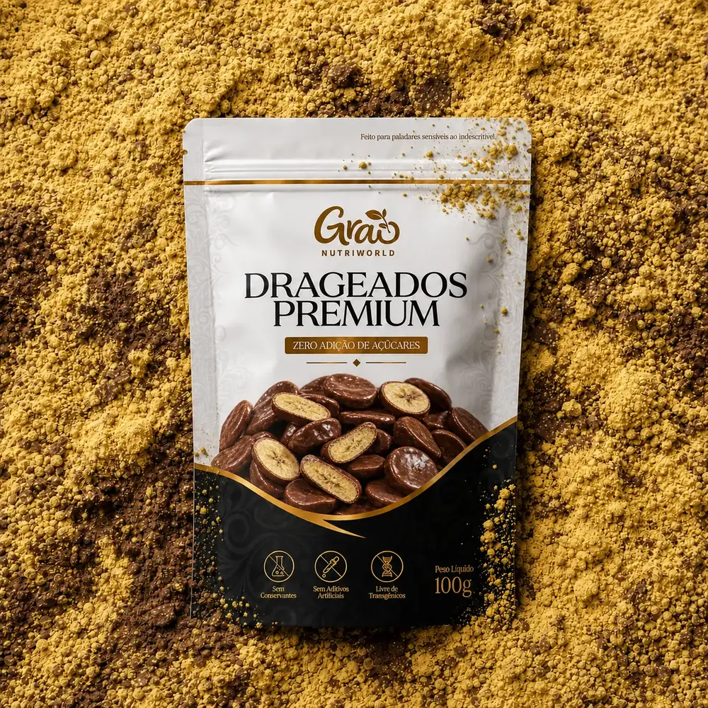 Embalagem Drageados Premium sobre fundo de cacau
